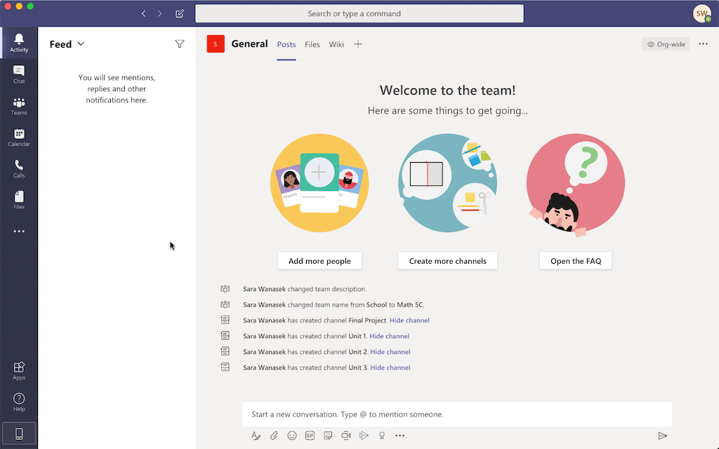 Interface principale de Ms teams