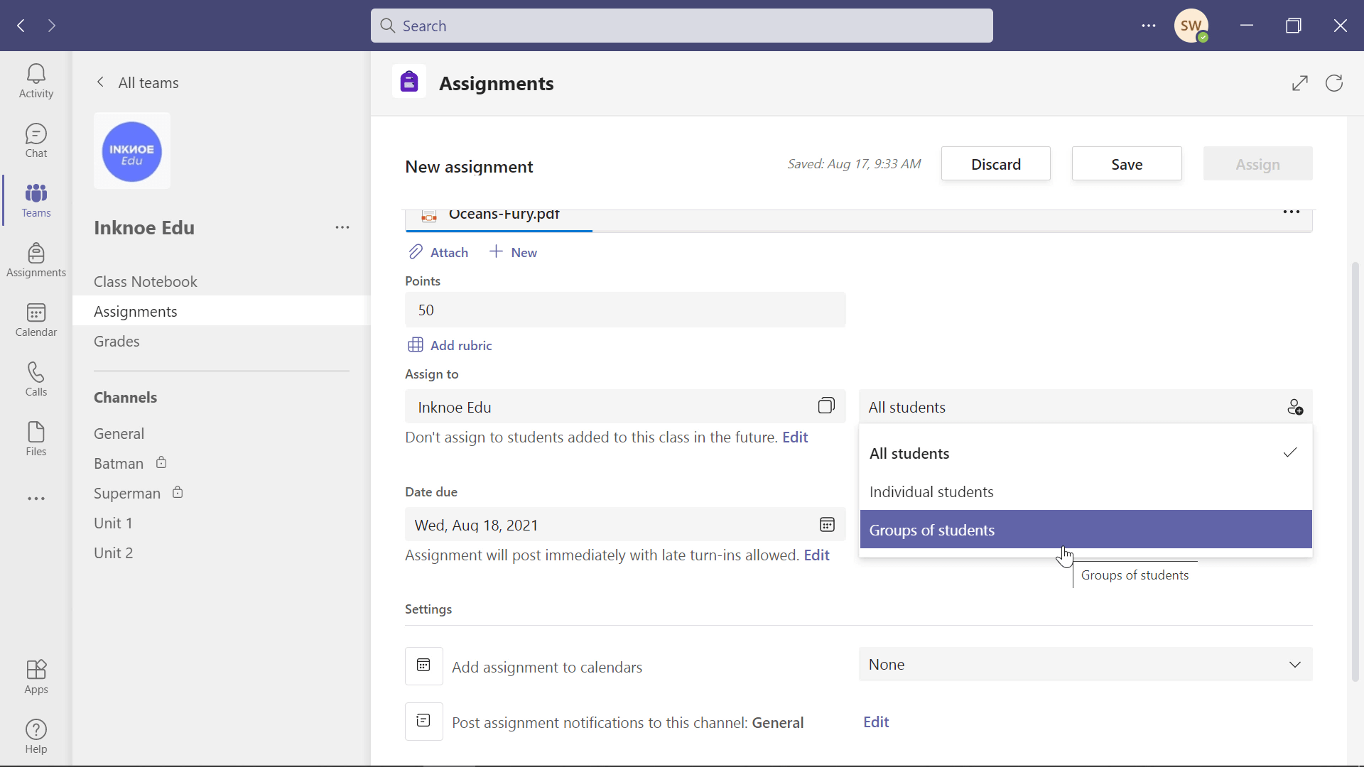 teams assignment updates：生徒のグループに仕事を割り当てる。