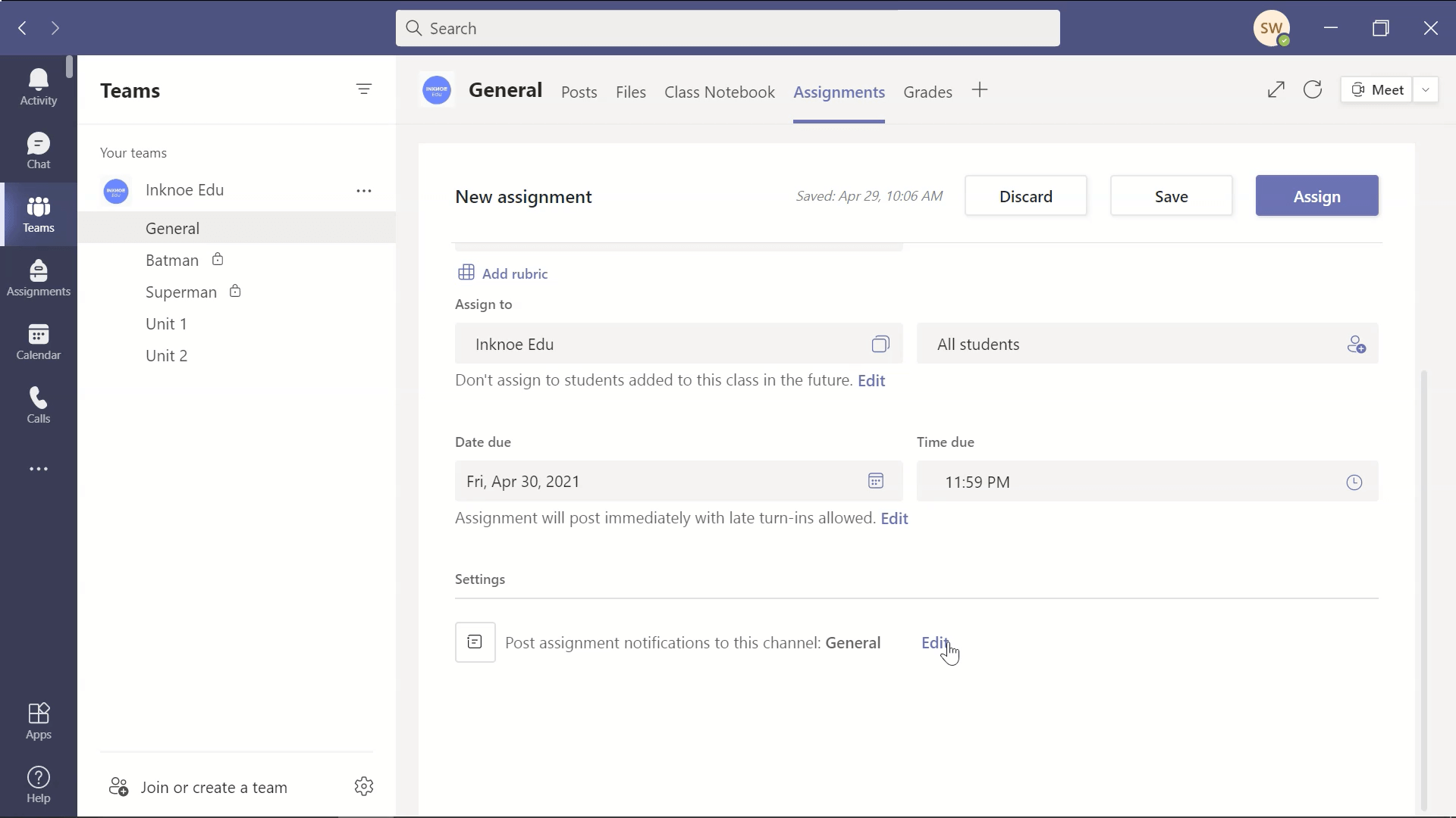 crear y publicar asignaciones a canales específicos en equipos