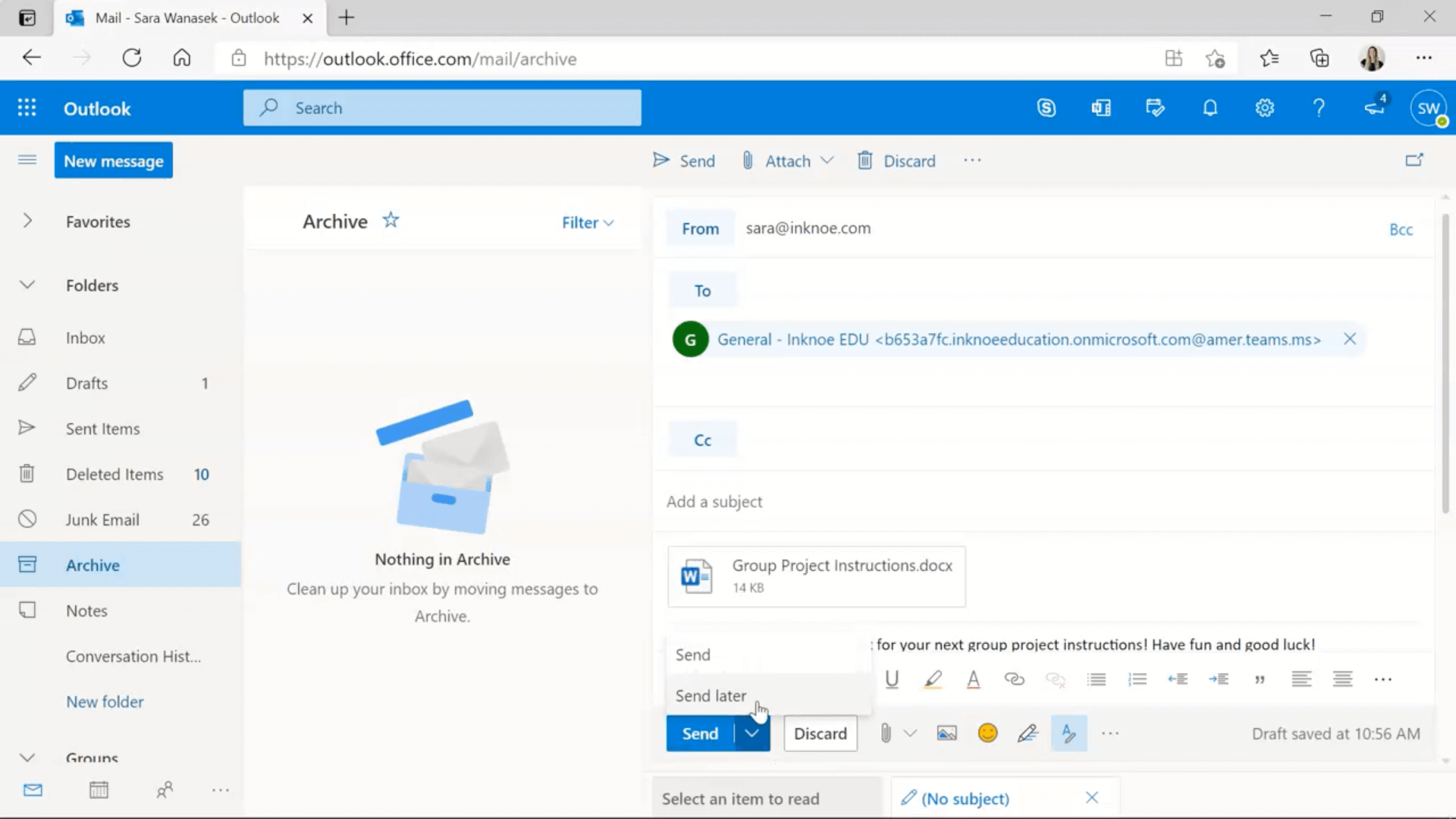 สร้างอีเมลด้วย Outlook เวอร์ชันเว็บเพื่อส่งไปยังที่อยู่อีเมลช่องทางของ Teams