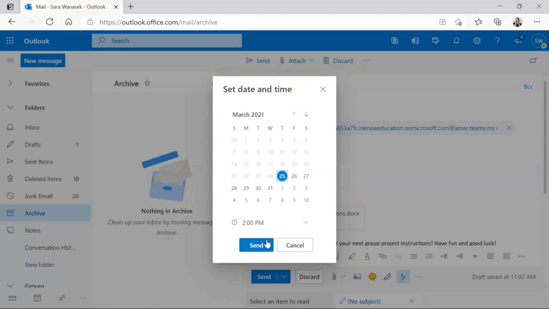 menjadwalkan posting dalam tim dengan Mengirim email Nanti