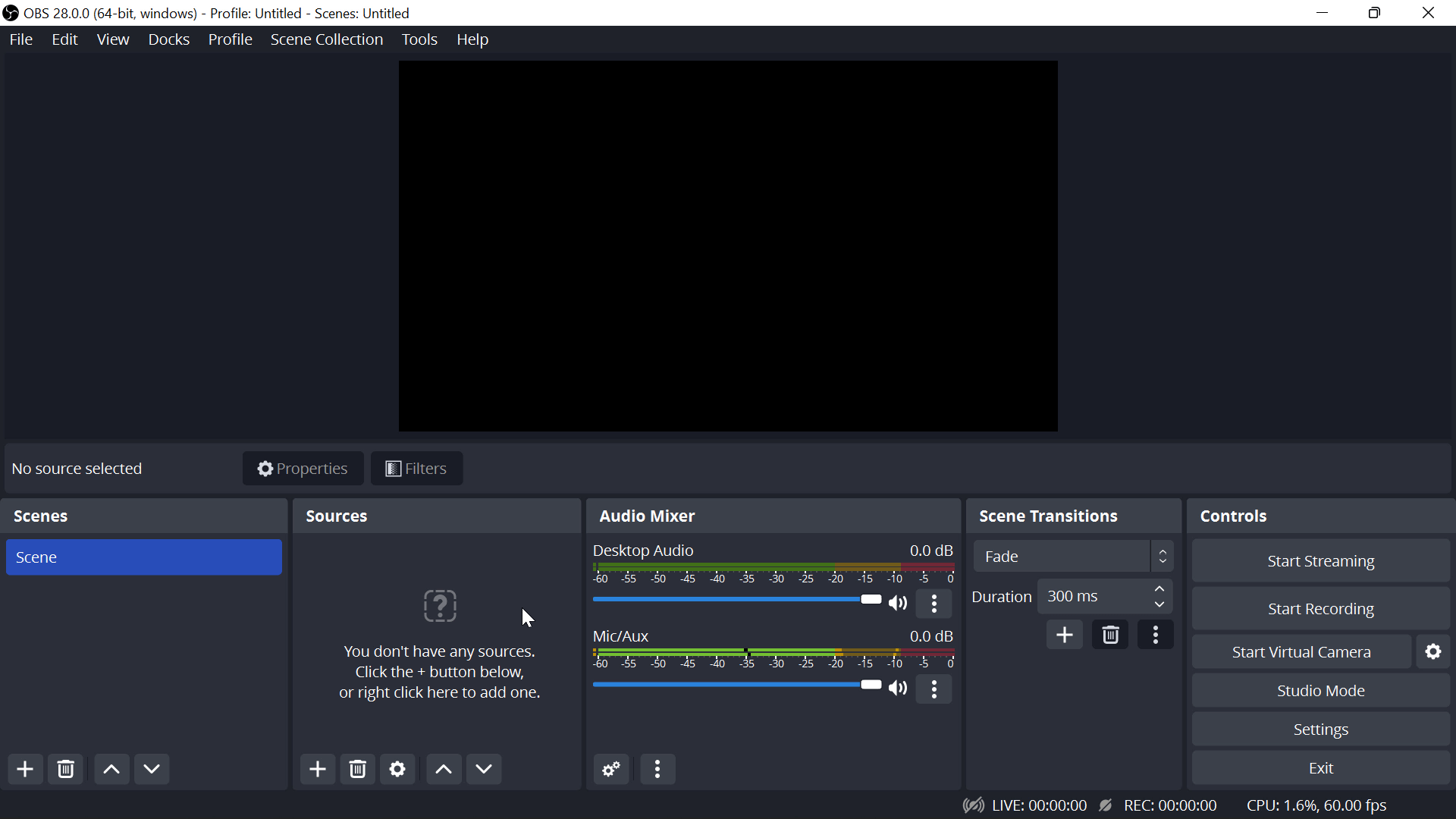 OBS interface to record screen on windows
