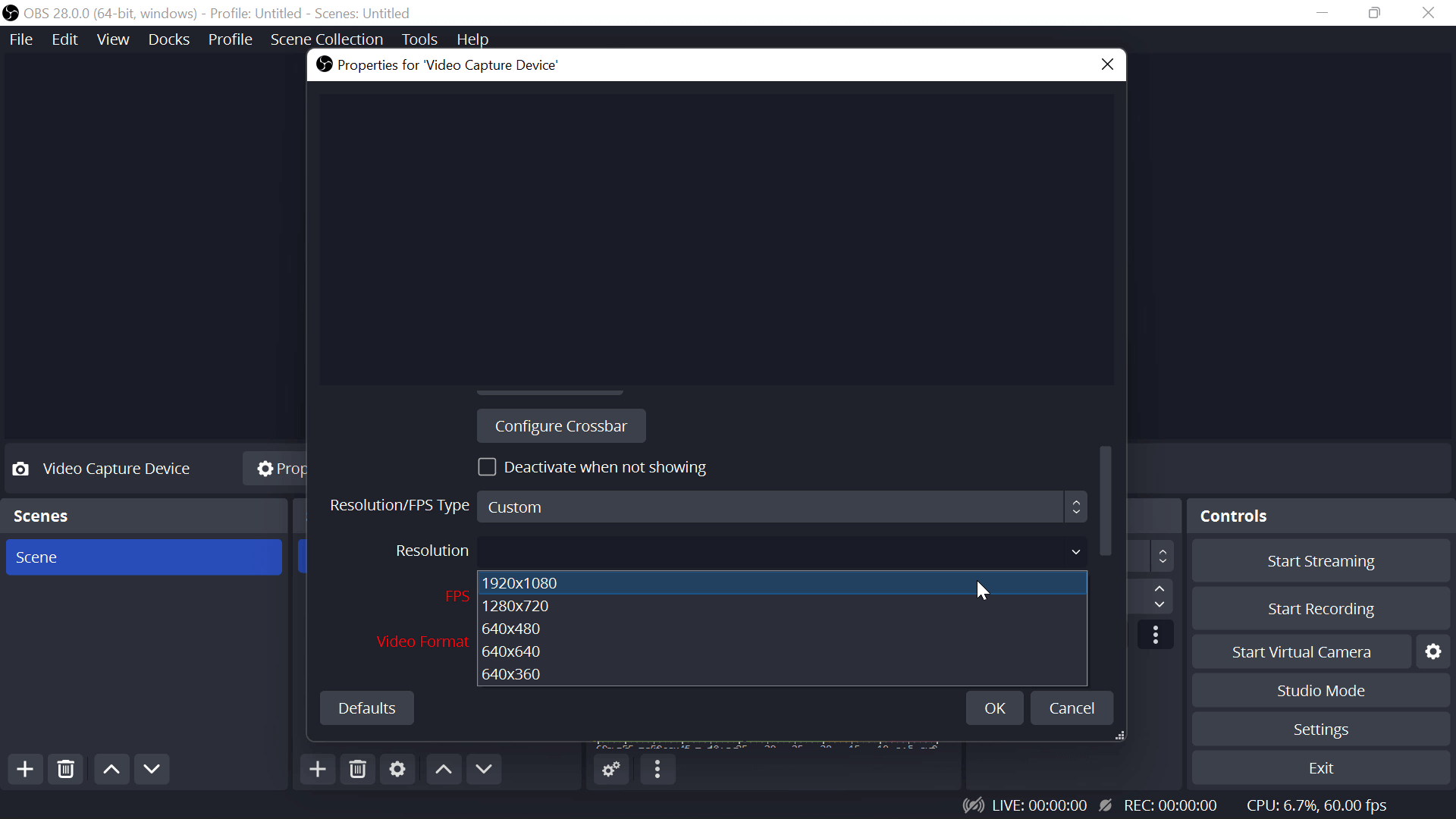 Set resolution for webcam recording in OBS
