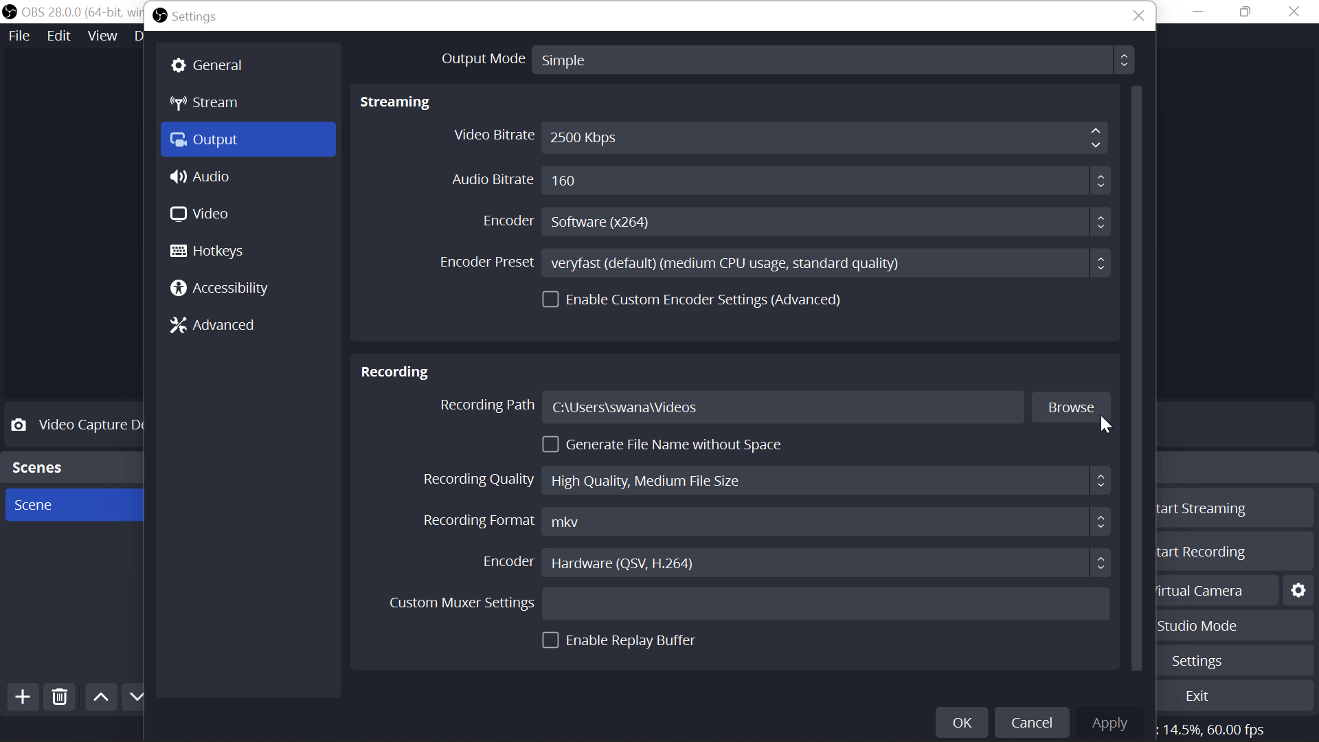 Obs setting