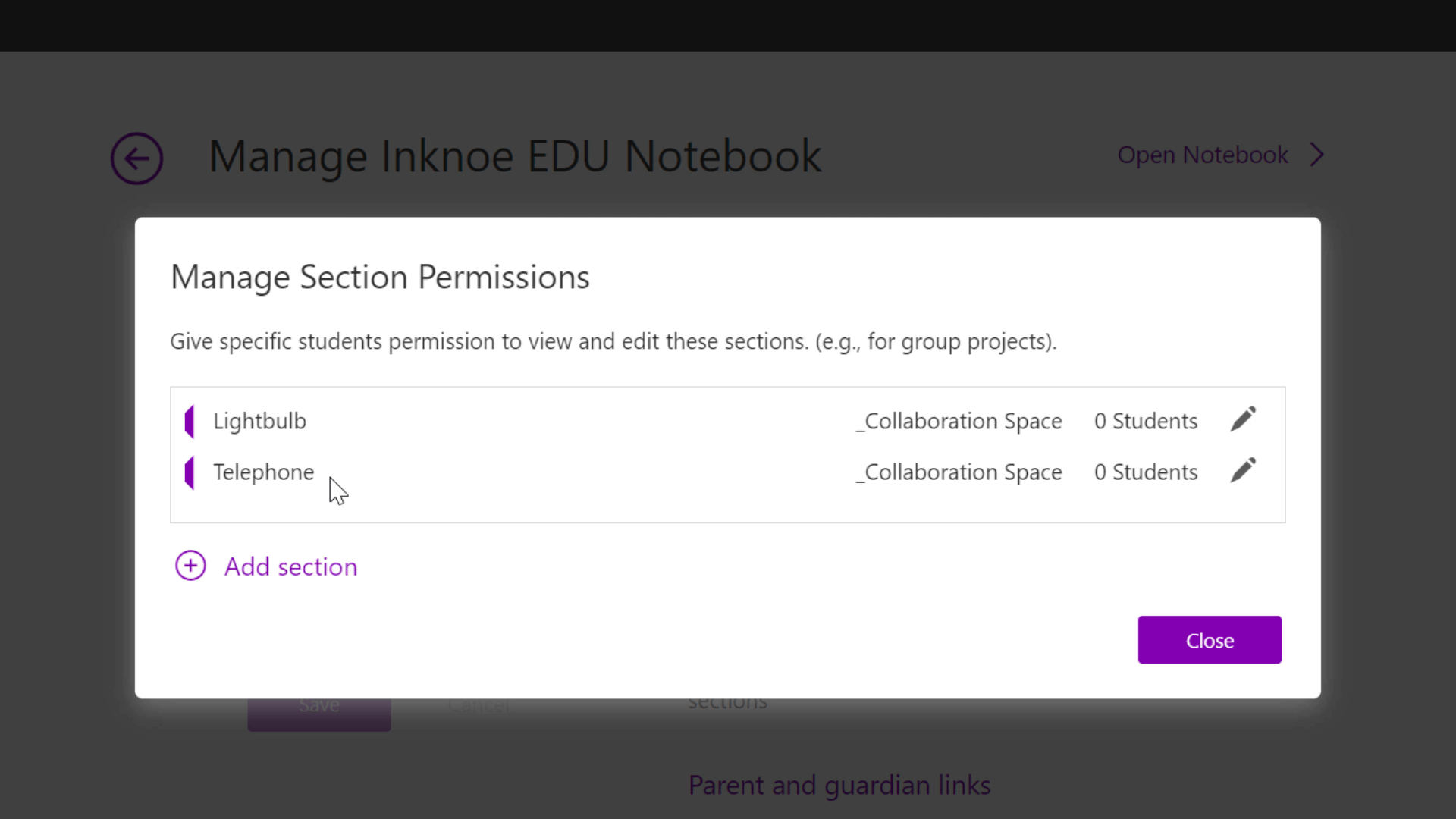 gérer les autorisations de l'espace de collaboration dans le cahier de classe