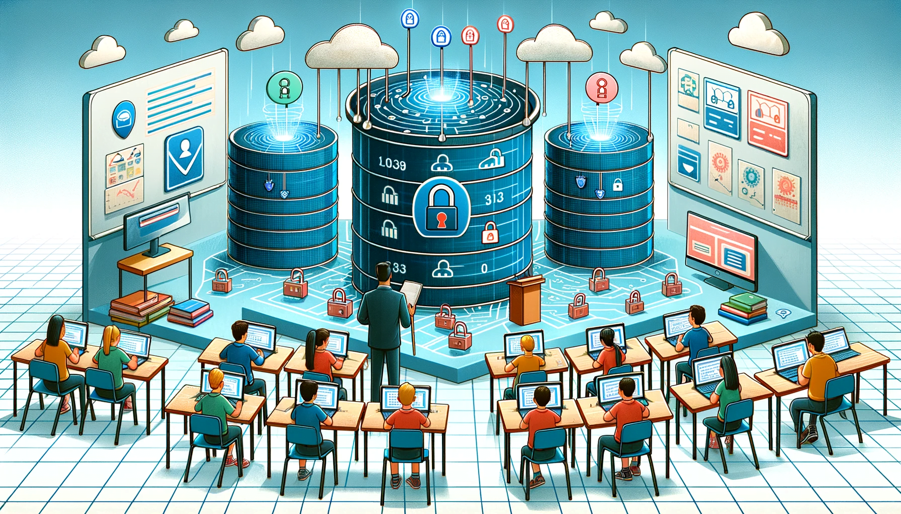 In a modern classroom, students and a teacher interact with AI tools on devices featuring privacy icons and padlocks, set against a backdrop of a fortified digital database representing secure student data.