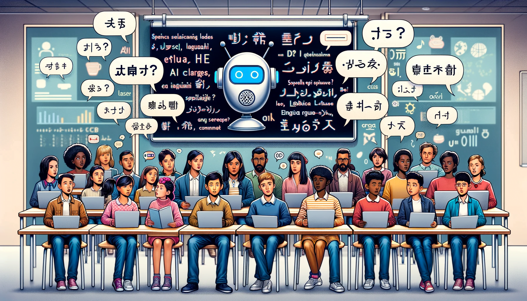 Diverse students in a classroom struggle with an AI tool lacking multilingual support.
