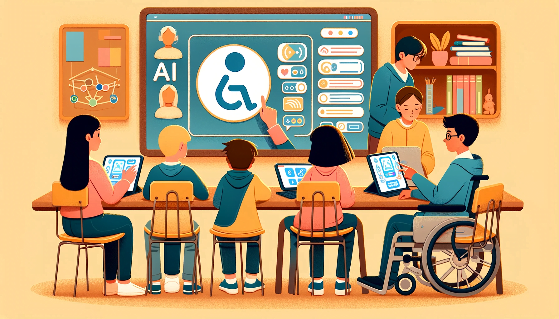Inclusive classroom with students accessing AI tools through assistive technologies.