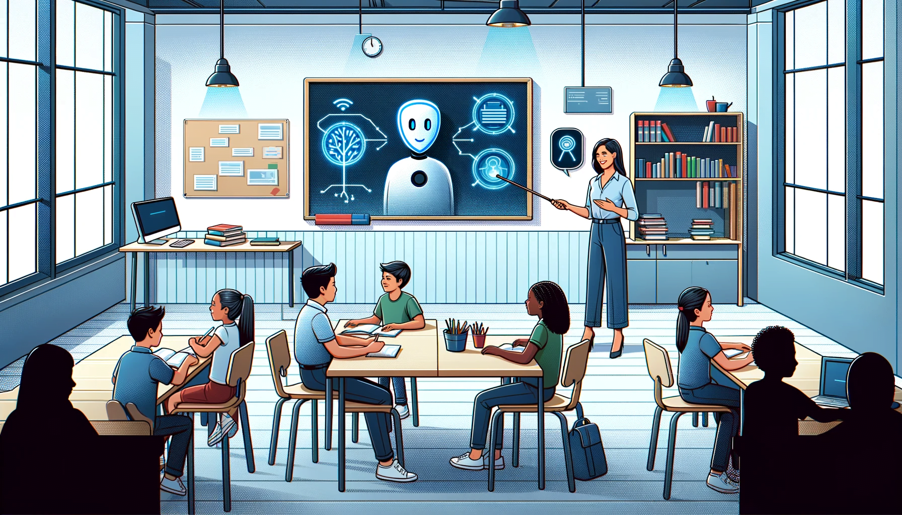 Modern classroom with teacher and diverse students, subtly integrating AI for balanced management.