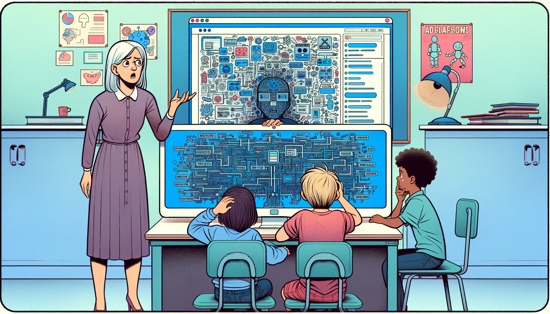  Teacher and students confused by a cluttered AI tool interface.