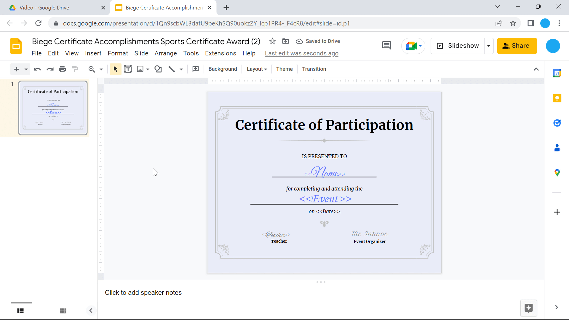 Create Google Slide Certificate
