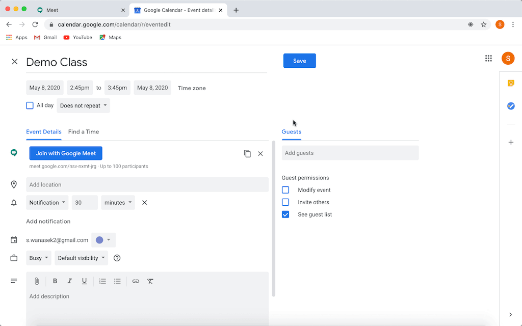 جدولة لقاء google للتدريس عبر الإنترنت