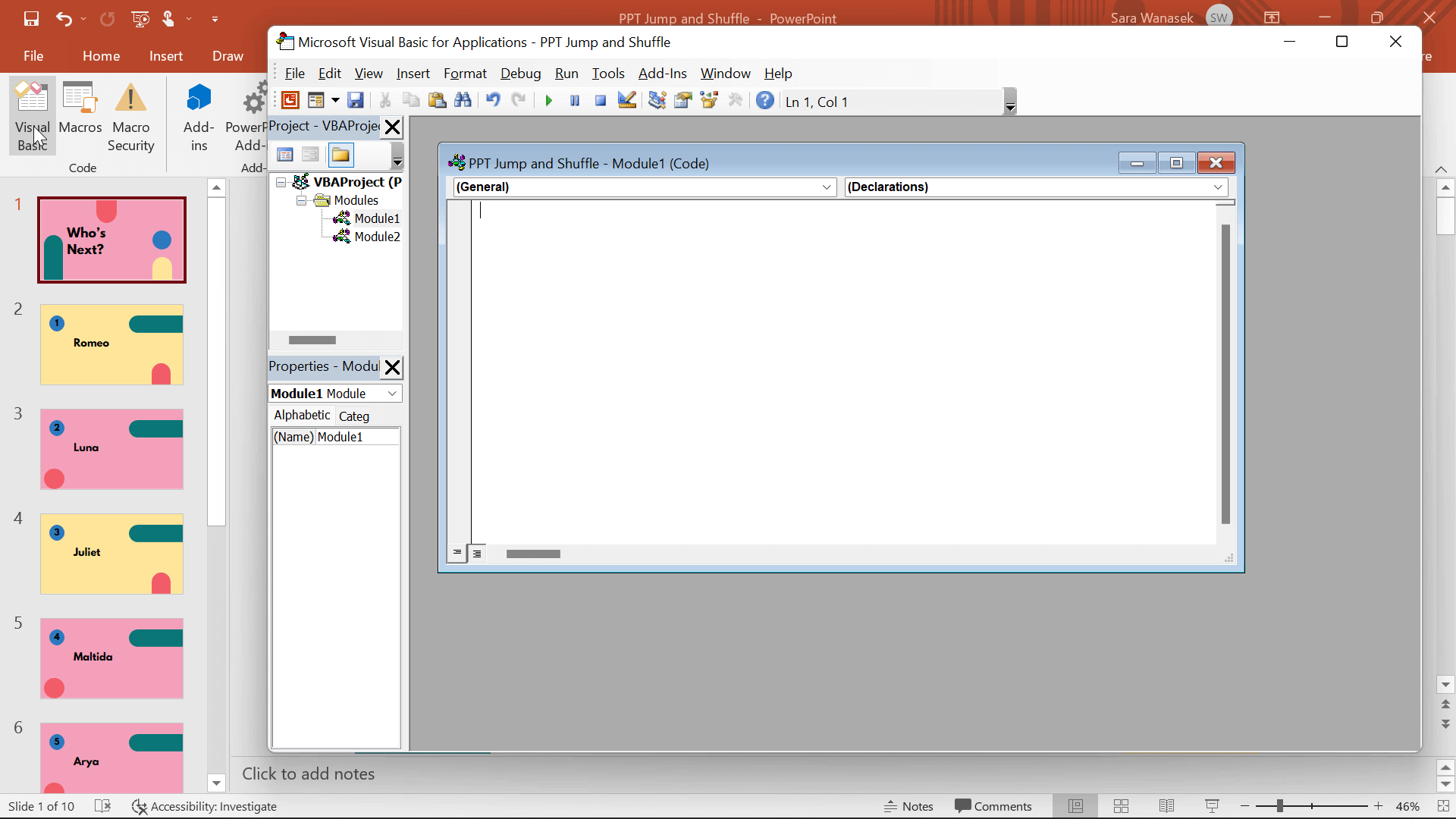 open VBA to shuffle PowerPoint slides randomly in your presentation