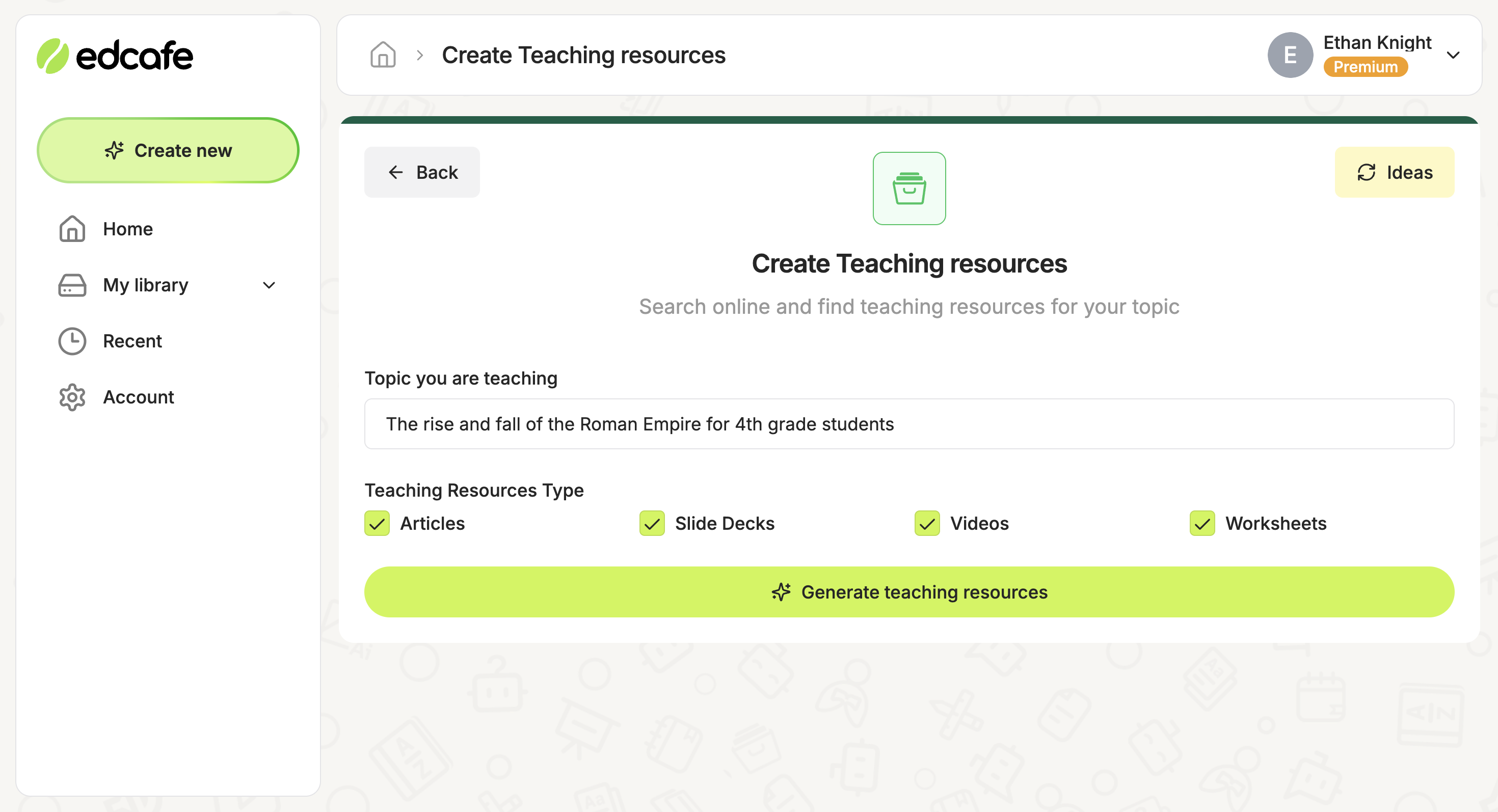 Teaching Resources Finder feature of Edcafe AI 