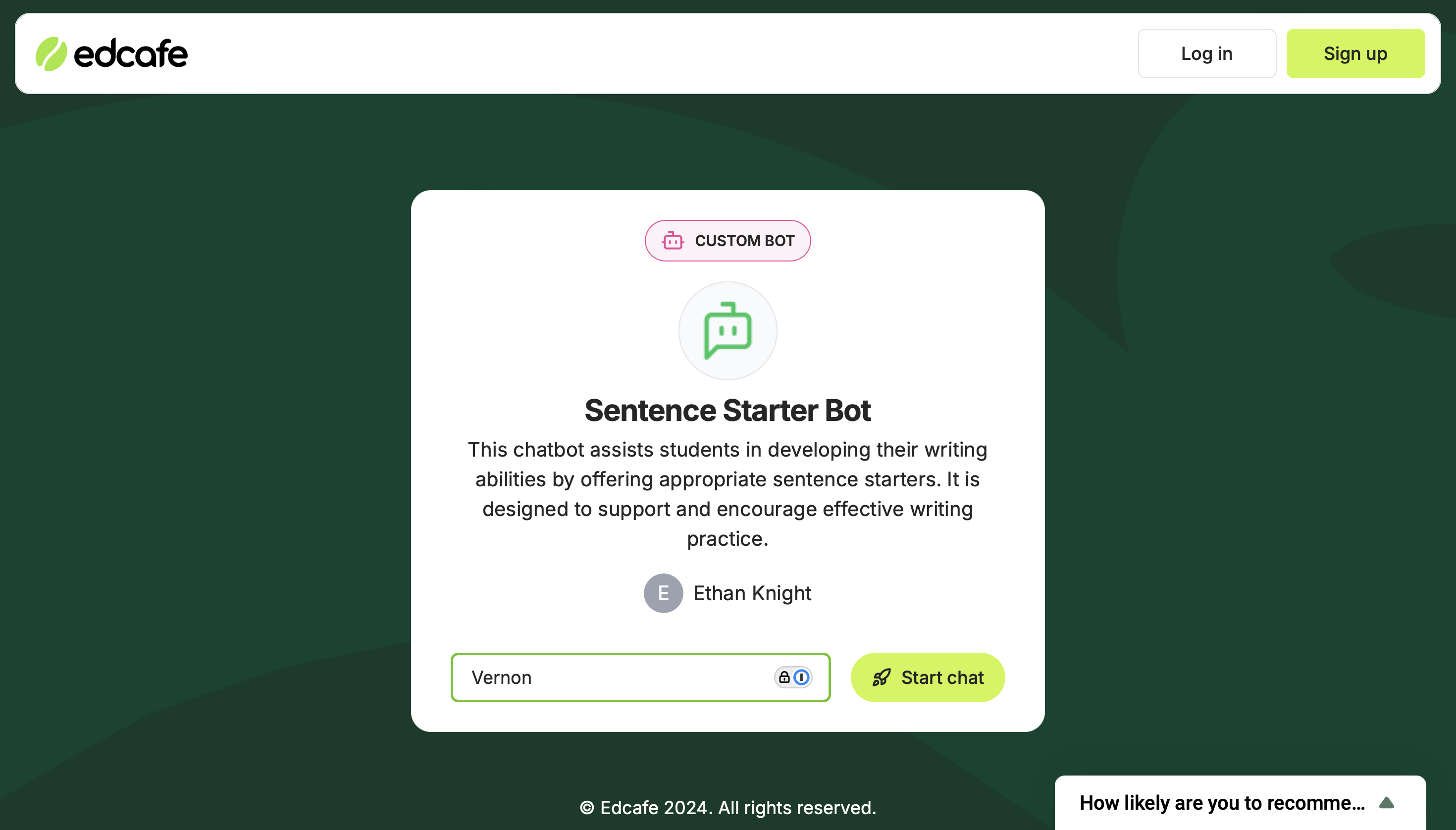 Edcafe AI Chatbot to hel with sentence starters