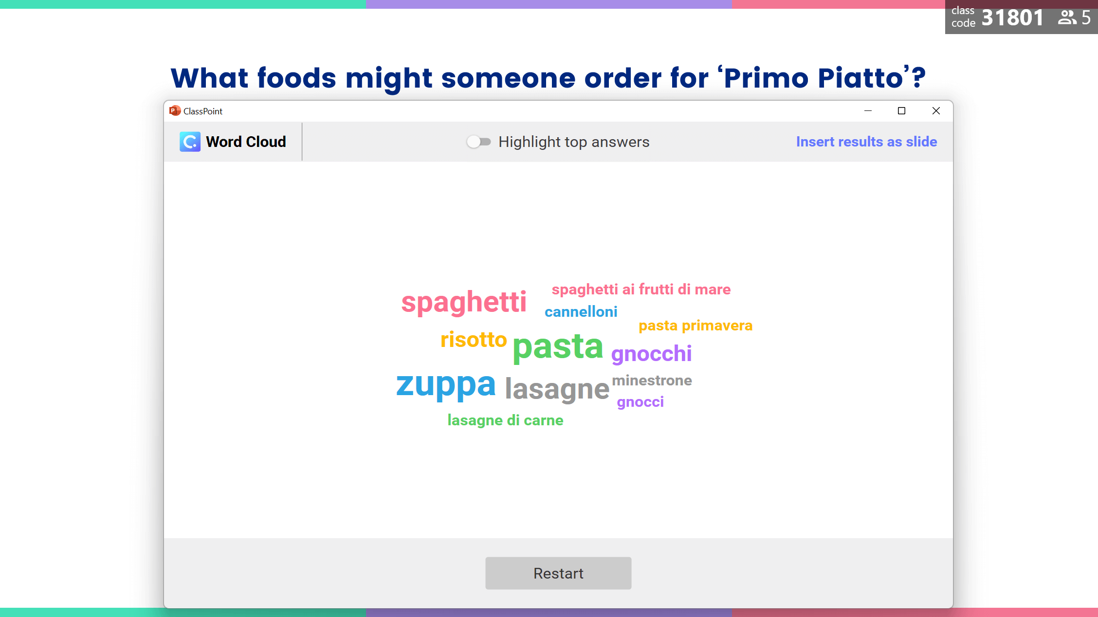 Aktiviti Word Cloud: Apakah makanan Itali Primo Piatto?