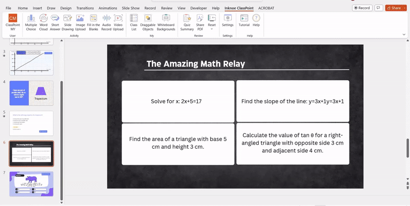 Math equation relay using ClassPoint gamification 