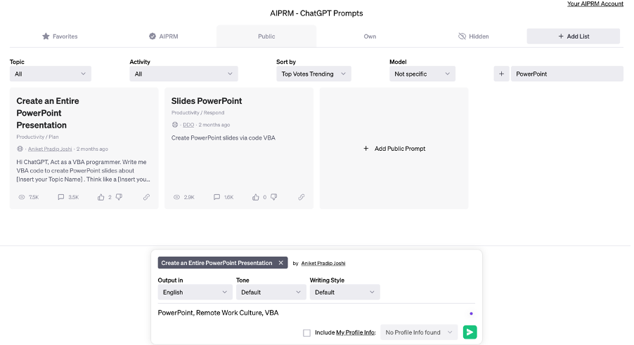 إنشاء عرض تقديمي باور بوينت باستخدام موجه AIRPRM VBA في ChatGPT