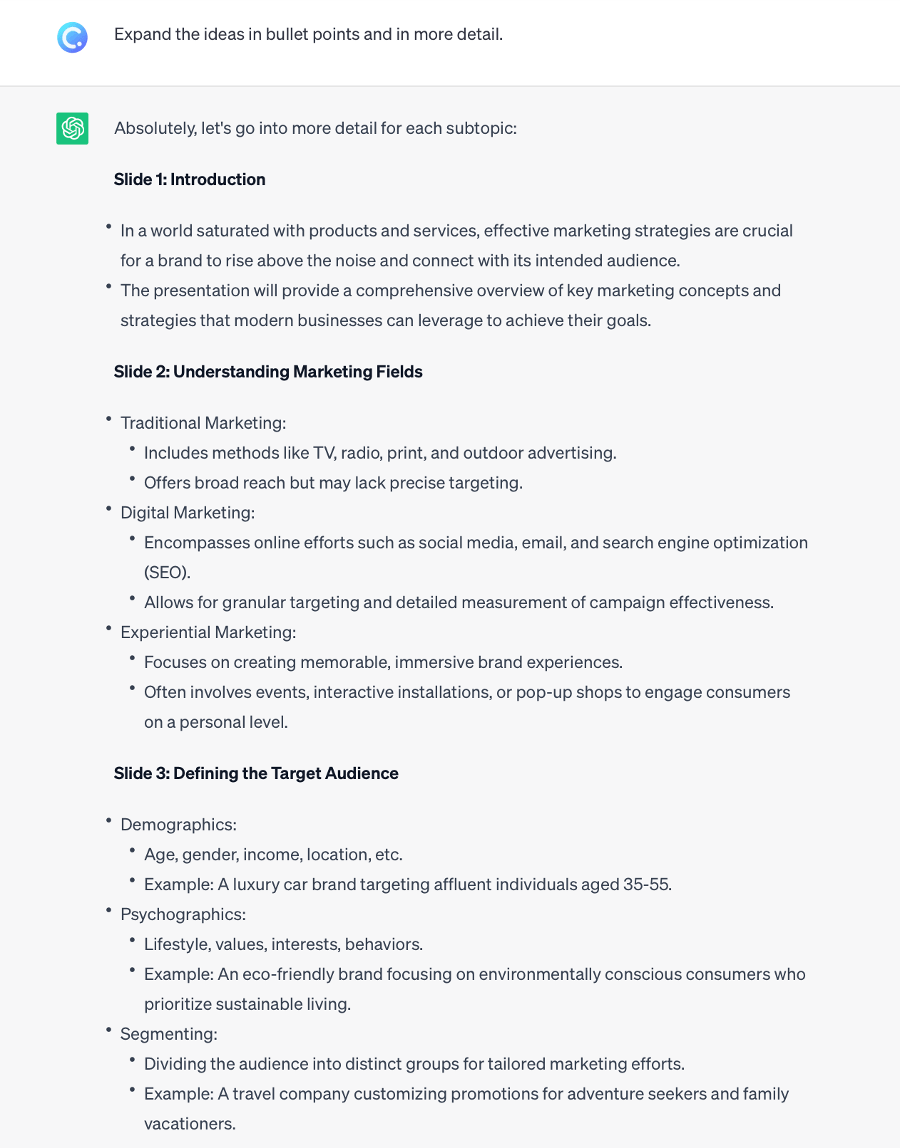 ChatGPT creates content in bullet point format for PowerPoint presentation
