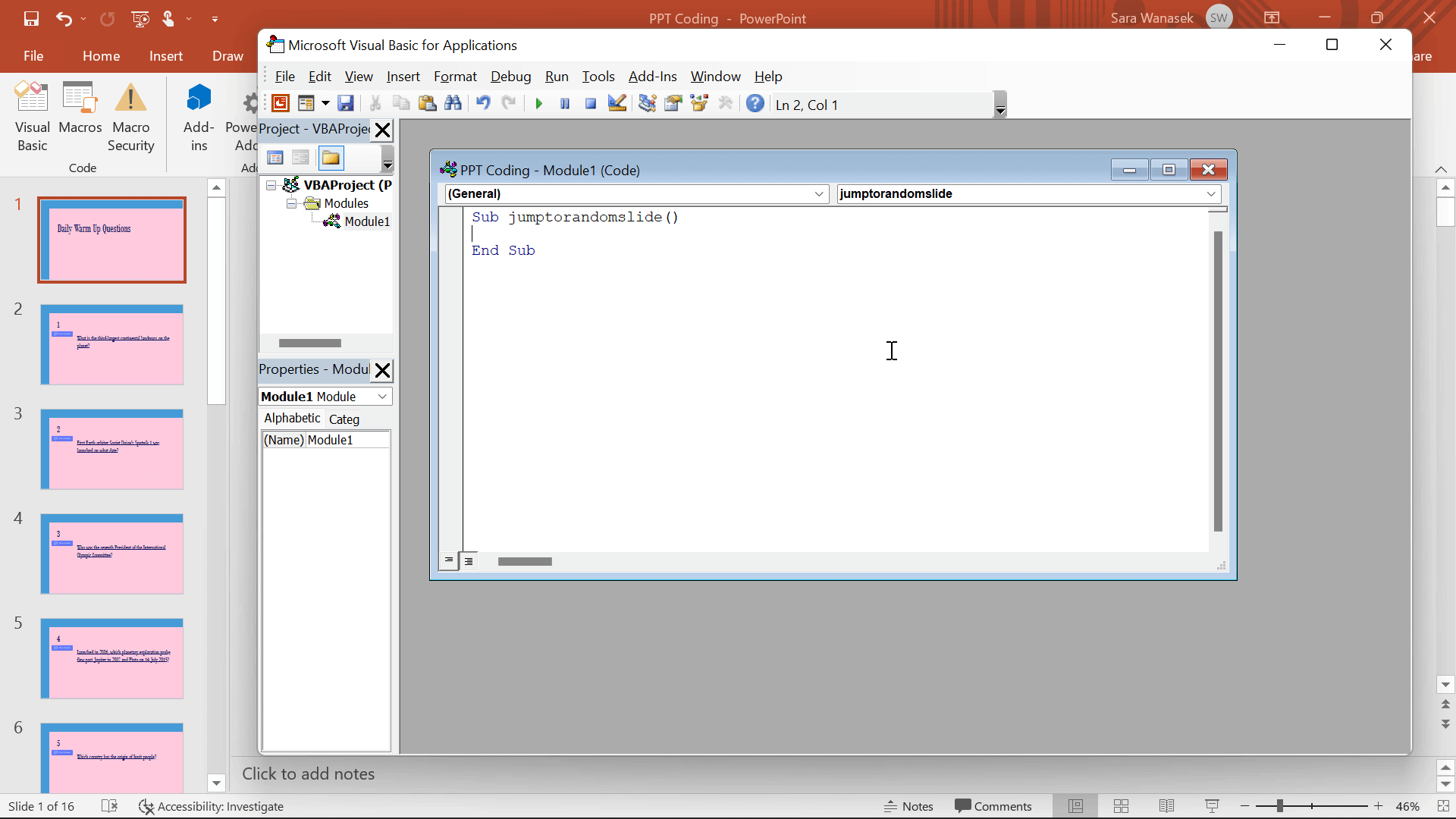 L'éditeur Visual Basic de PowerPoint s'ouvre pour créer des macros